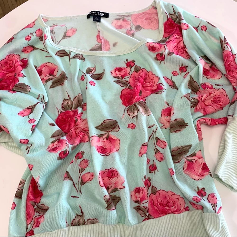 Sea Foam Green & Roses Lightweight Knit Top - Picture 4 of 8